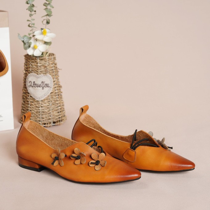 2021 Designer Shoes Genuine Leather Slip-on For Women Handmade Pointed Toe Flats Camel