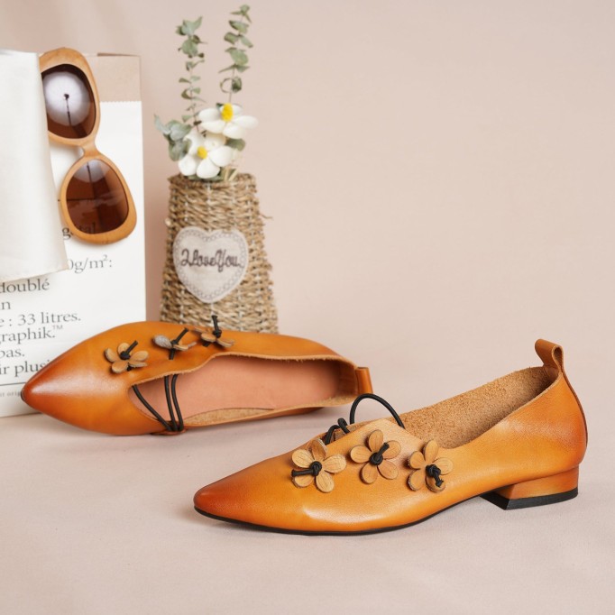 2021 Designer Shoes Genuine Leather Slip-on For Women Handmade Pointed Toe Flats Camel
