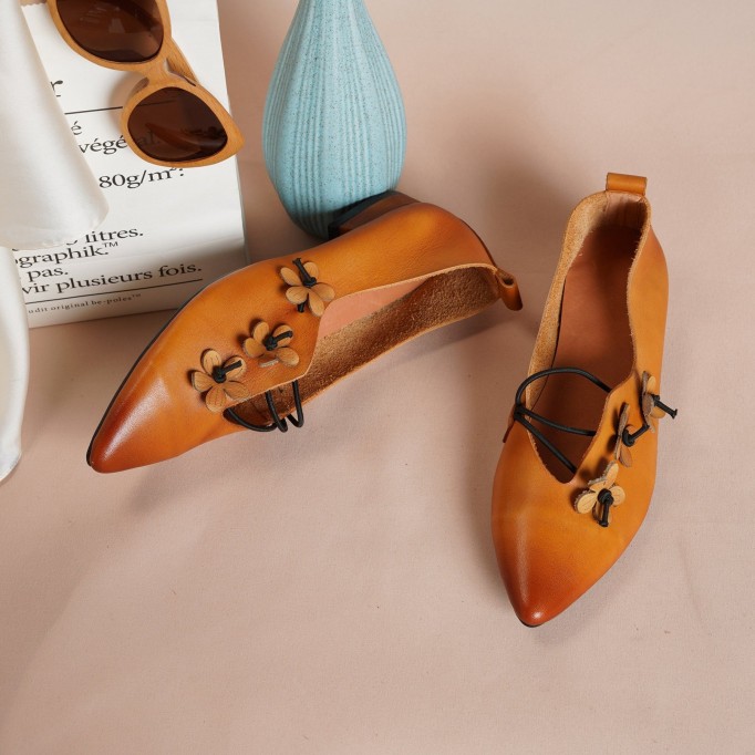 2021 Designer Shoes Genuine Leather Slip-on For Women Handmade Pointed Toe Flats Camel