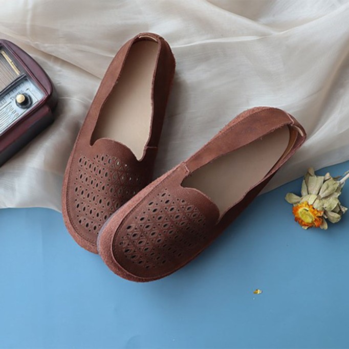 Handmade Genuine Leather Slip Ons Breathable Loafers Coffee/Reddish brown