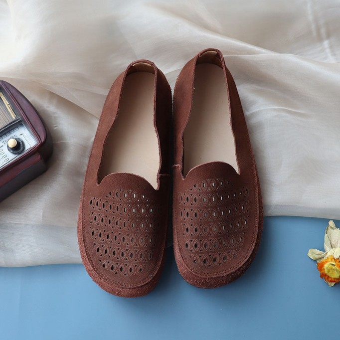 Handmade Genuine Leather Slip Ons Breathable Loafers Coffee/Reddish brown