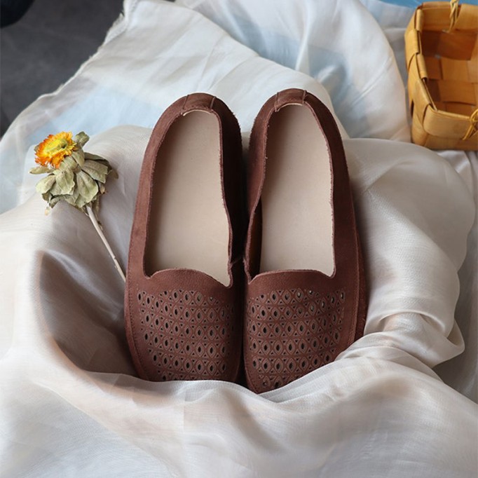 Handmade Genuine Leather Slip Ons Breathable Loafers Coffee/Reddish brown