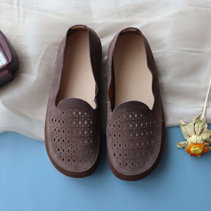 Handmade Genuine Leather Slip Ons Breathable Loafers Coffee/Reddish brown