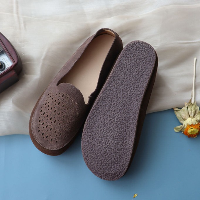 Handmade Genuine Leather Slip Ons Breathable Loafers Coffee/Reddish brown