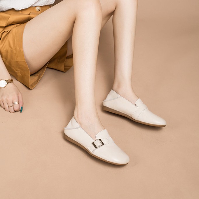 Soft Leather Flat Slip on Loafers for Women Buckle Details Handmade White/Apricot