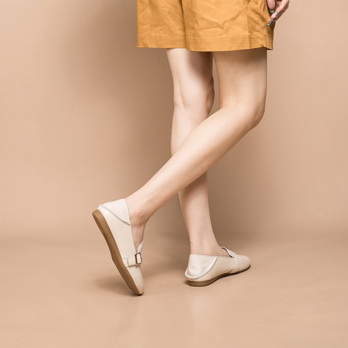 Soft Leather Flat Slip on Loafers for Women Buckle Details Handmade White/Apricot