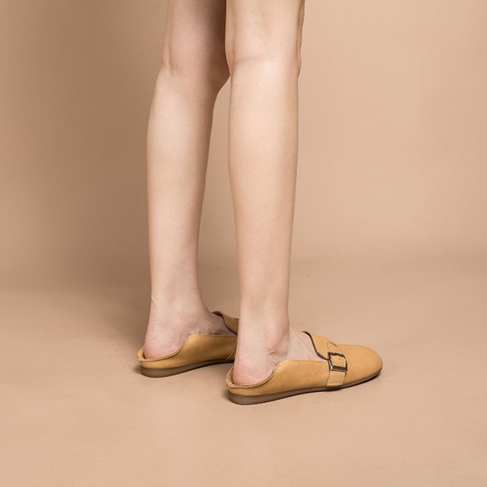 Soft Leather Flat Slip on Loafers for Women Buckle Details Handmade White/Apricot