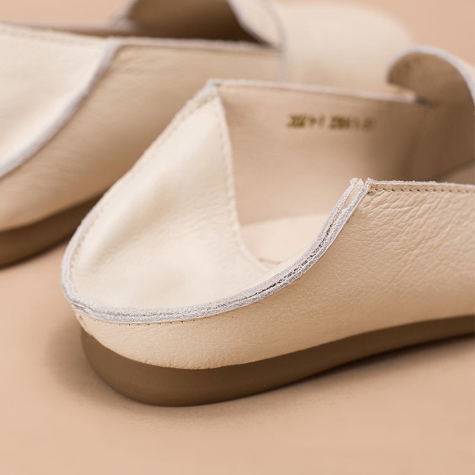 Soft Leather Flat Slip on Loafers for Women Buckle Details Handmade White/Apricot