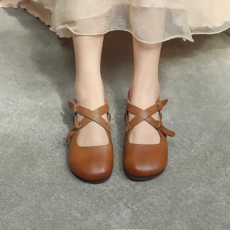 Genuine Leather Cross Strap Buckle Shoes Round Toe Flats Brown/Coffee