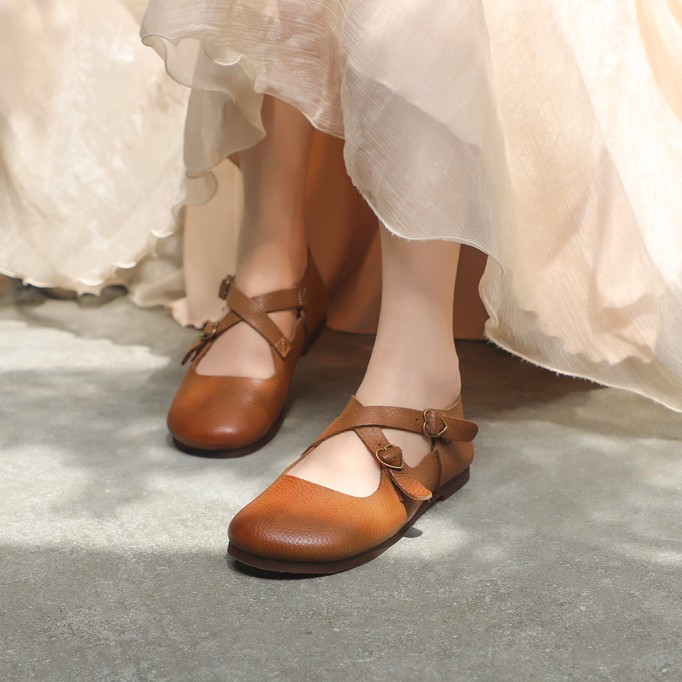 Genuine Leather Cross Strap Buckle Shoes Round Toe Flats Brown/Coffee