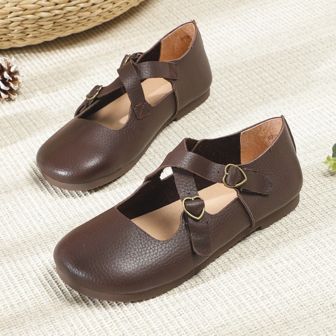 Genuine Leather Cross Strap Buckle Shoes Round Toe Flats Brown/Coffee