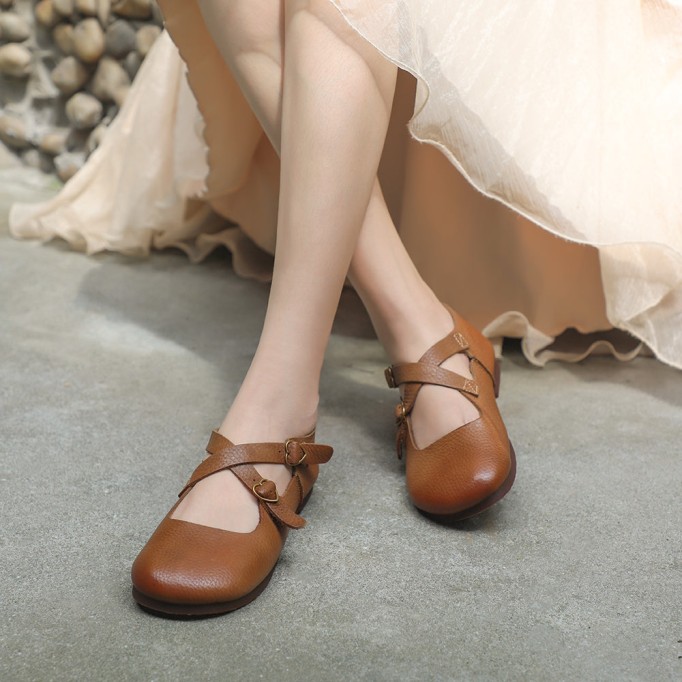 Genuine Leather Cross Strap Buckle Shoes Round Toe Flats Brown/Coffee