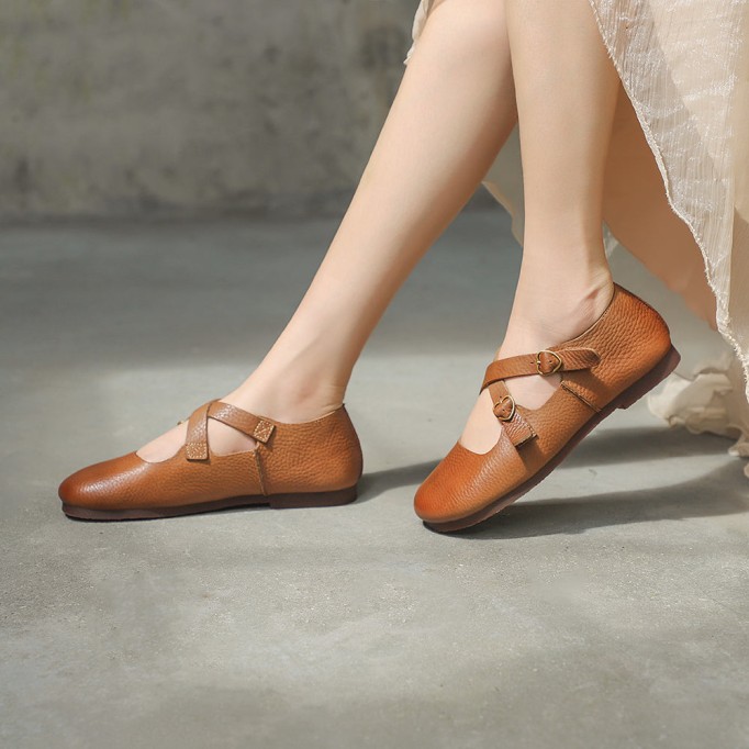 Genuine Leather Cross Strap Buckle Shoes Round Toe Flats Brown/Coffee