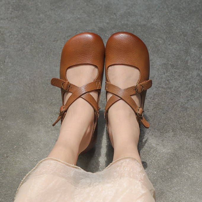 Genuine Leather Cross Strap Buckle Shoes Round Toe Flats Brown/Coffee