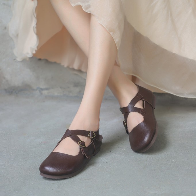 Genuine Leather Cross Strap Buckle Shoes Round Toe Flats Brown/Coffee