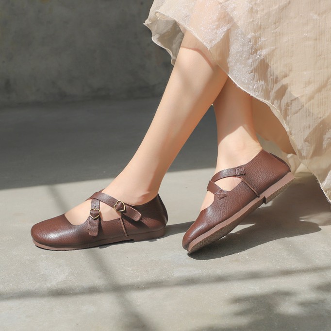 Genuine Leather Cross Strap Buckle Shoes Round Toe Flats Brown/Coffee