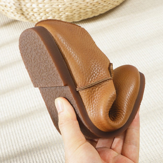 Genuine Leather Cross Strap Buckle Shoes Round Toe Flats Brown/Coffee