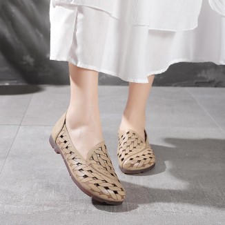 Handmade Soft Leather Loafers For Women Summer Sandals Apricot/ Light Coffee