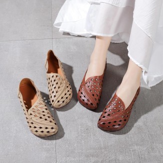 Handmade Soft Leather Loafers For Women Summer Sandals Apricot/ Light Coffee