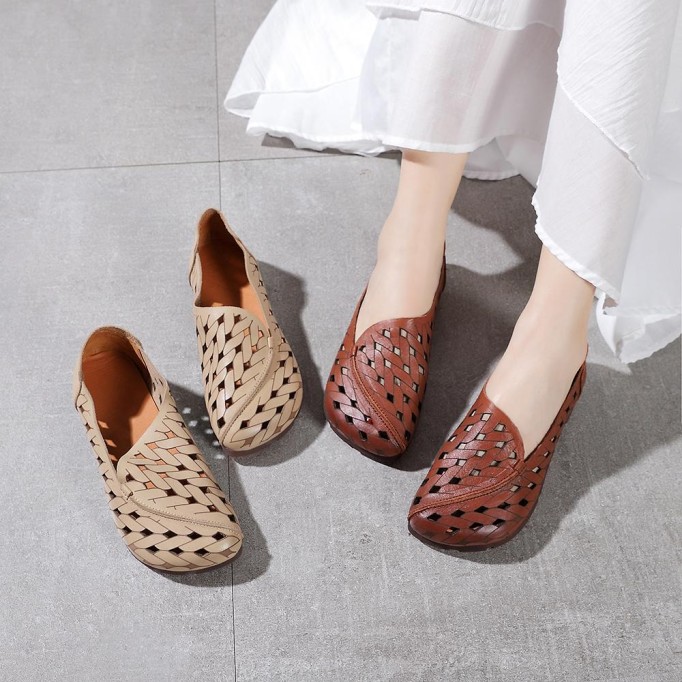 Handmade Soft Leather Loafers For Women Summer Sandals Apricot/ Light Coffee