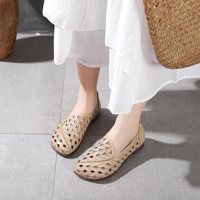 Handmade Soft Leather Loafers For Women Summer Sandals Apricot/ Light Coffee