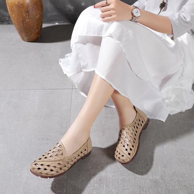 Handmade Soft Leather Loafers For Women Summer Sandals Apricot/ Light Coffee