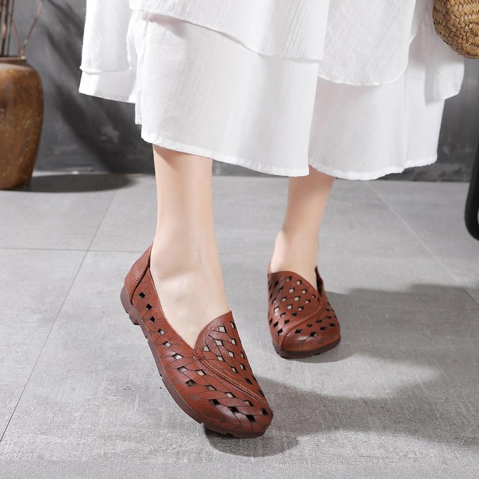 Handmade Soft Leather Loafers For Women Summer Sandals Apricot/ Light Coffee