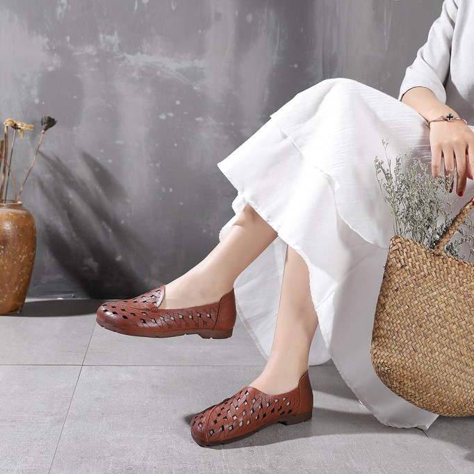 Handmade Soft Leather Loafers For Women Summer Sandals Apricot/ Light Coffee