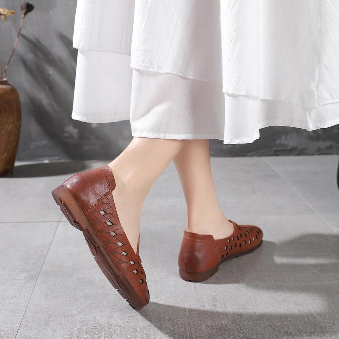 Handmade Soft Leather Loafers For Women Summer Sandals Apricot/ Light Coffee