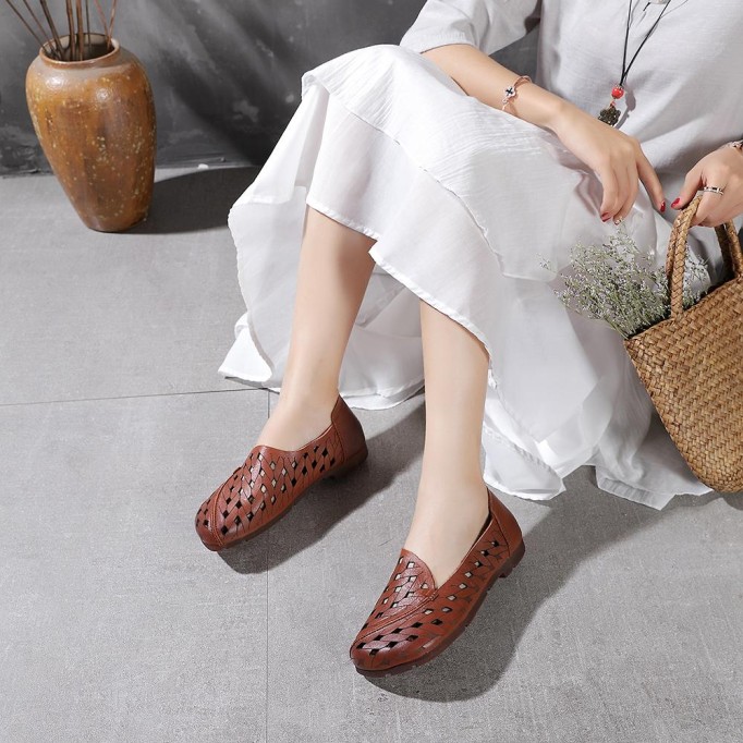 Handmade Soft Leather Loafers For Women Summer Sandals Apricot/ Light Coffee