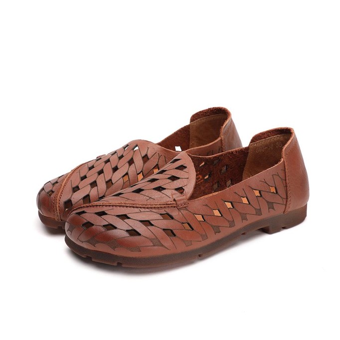 Handmade Soft Leather Loafers For Women Summer Sandals Apricot/ Light Coffee