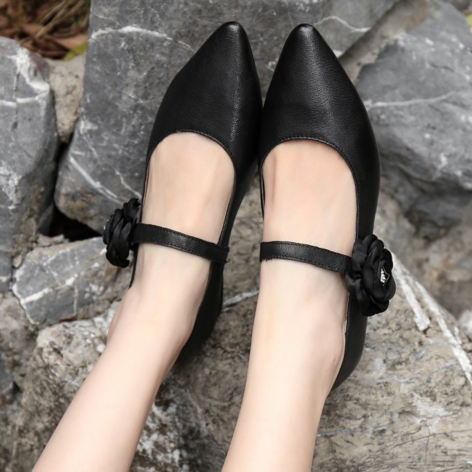 Handmade Genuine Leather Retro Square Toe Heels Mary Jane Pumps Women Sheepskin Shoes Block Heels Office Shoes Grey/Black