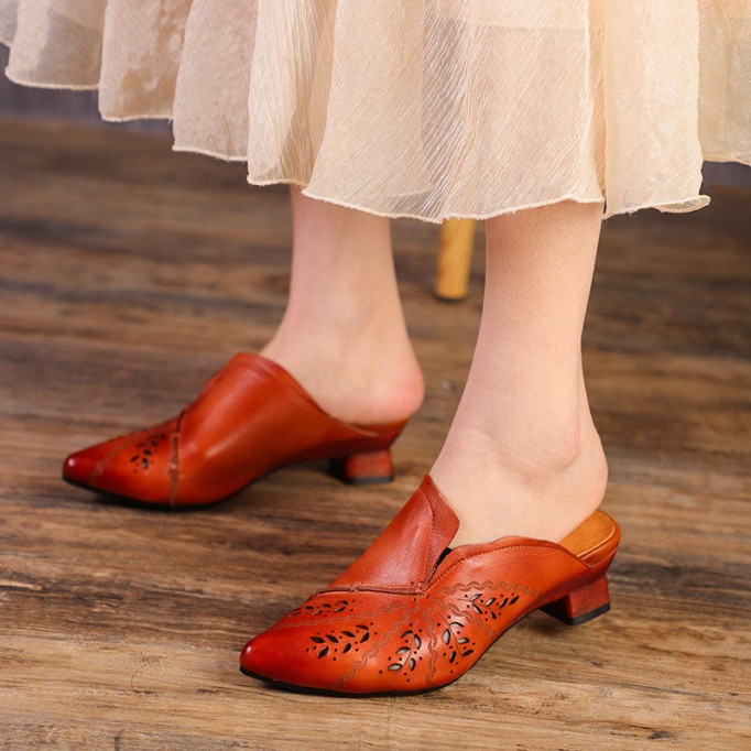 Retro Style Leather Pointed-Toe Mules For Women Block Heels Coffee/Grey