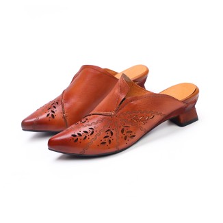 Retro Style Leather Pointed-Toe Mules For Women Block Heels Coffee/Grey
