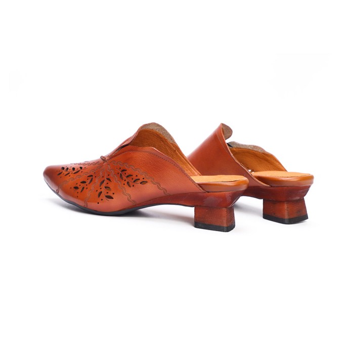 Retro Style Leather Pointed-Toe Mules For Women Block Heels Coffee/Grey