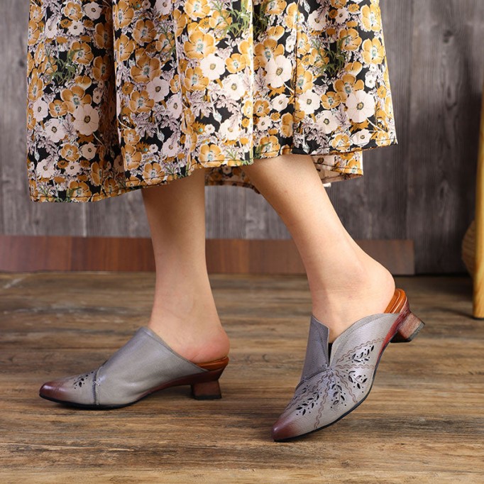 Retro Style Leather Pointed-Toe Mules For Women Block Heels Coffee/Grey