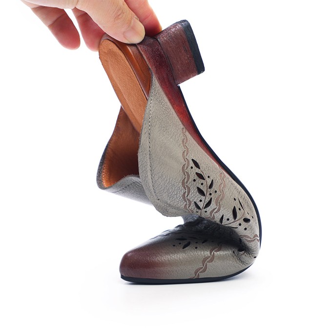 Retro Style Leather Pointed-Toe Mules For Women Block Heels Coffee/Grey