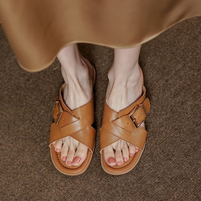 Handmade Leather Summer Slippers Apricot Brown/Off white