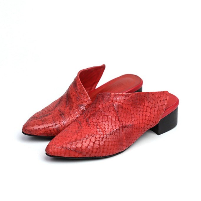 Retro Leather Mules Summer Slippers Handmade Slide Sandals Splicing Grey/Red