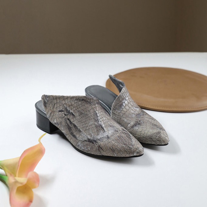 Retro Leather Mules Summer Slippers Handmade Slide Sandals Splicing Grey/Red