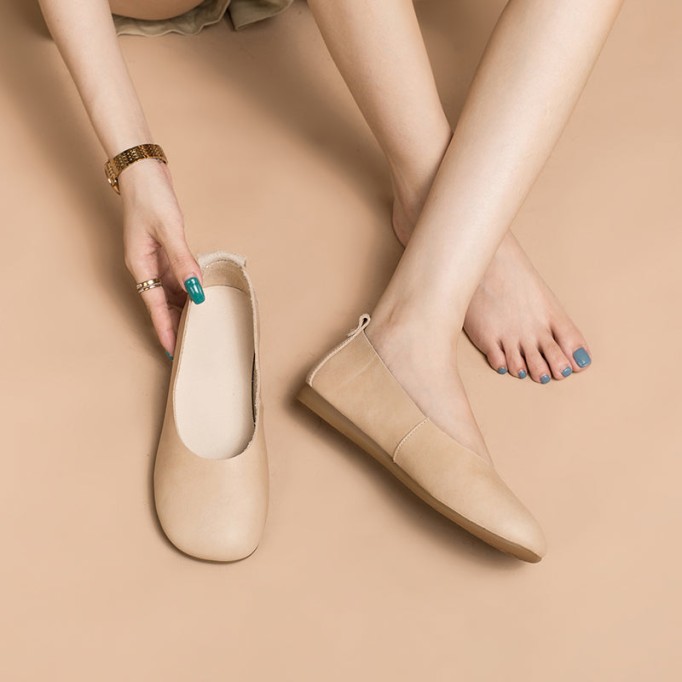 Soft Leather Flat Slip on Loafers for Women Handmade Green/Yellow/Pink/Apricot