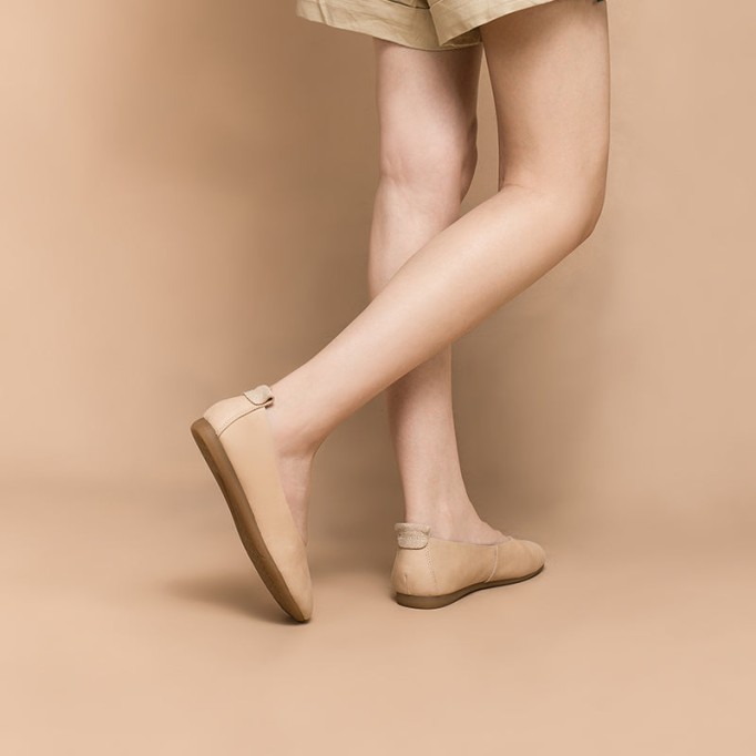 Soft Leather Flat Slip on Loafers for Women Handmade Green/Yellow/Pink/Apricot