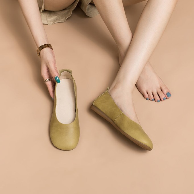 Soft Leather Flat Slip on Loafers for Women Handmade Green/Yellow/Pink/Apricot