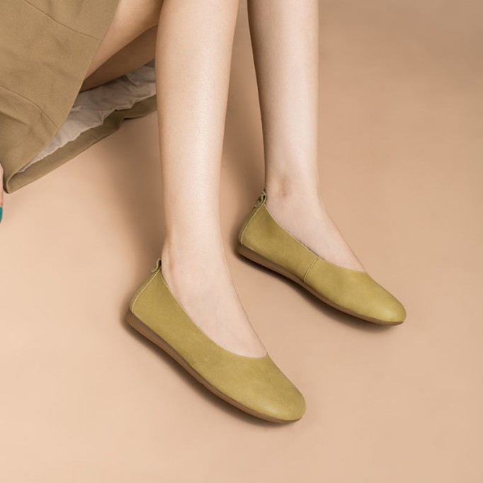 Soft Leather Flat Slip on Loafers for Women Handmade Green/Yellow/Pink/Apricot