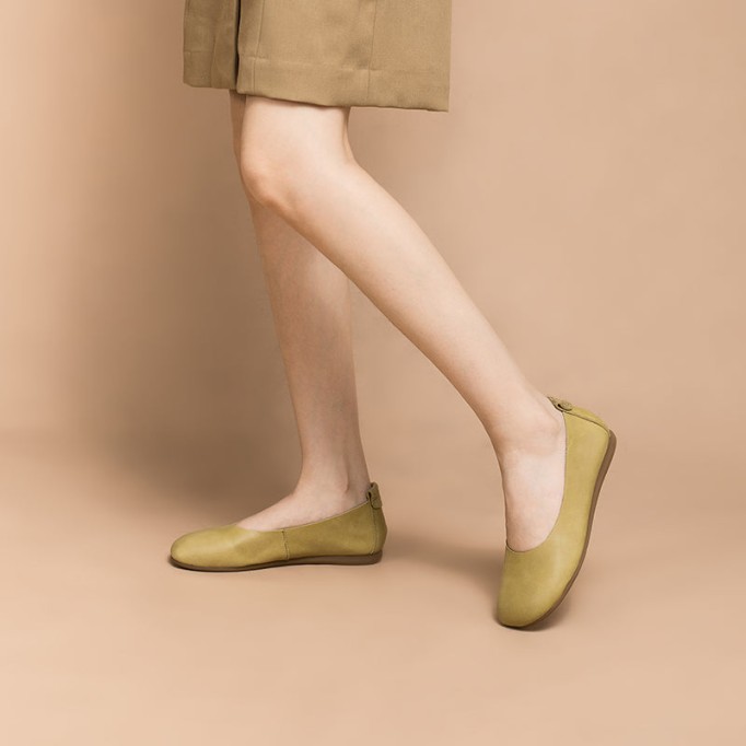 Soft Leather Flat Slip on Loafers for Women Handmade Green/Yellow/Pink/Apricot