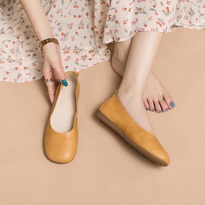 Soft Leather Flat Slip on Loafers for Women Handmade Green/Yellow/Pink/Apricot