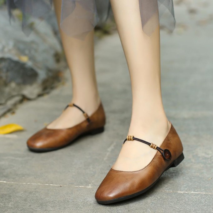 Mary Jane Shoes For Women Handmade Soft Leather Flats Retro Round Toe Designer Shoes Washed Brown/Washed Coffee