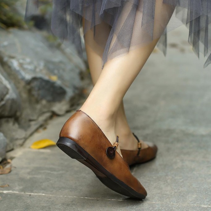 Mary Jane Shoes For Women Handmade Soft Leather Flats Retro Round Toe Designer Shoes Washed Brown/Washed Coffee