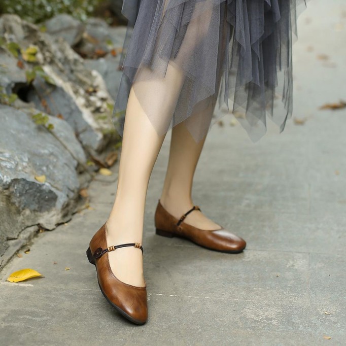 Mary Jane Shoes For Women Handmade Soft Leather Flats Retro Round Toe Designer Shoes Washed Brown/Washed Coffee