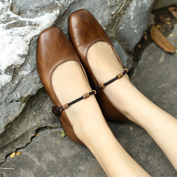 Mary Jane Shoes For Women Handmade Soft Leather Flats Retro Round Toe Designer Shoes Washed Brown/Washed Coffee